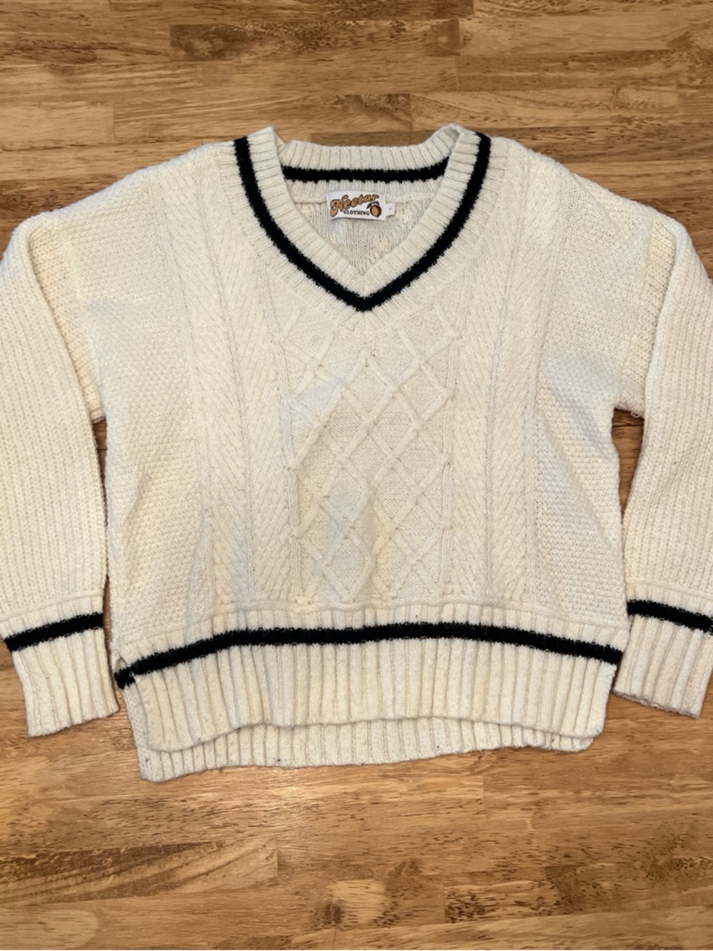 Cream V-Neck Cable Knit Sweater with Black Trim
